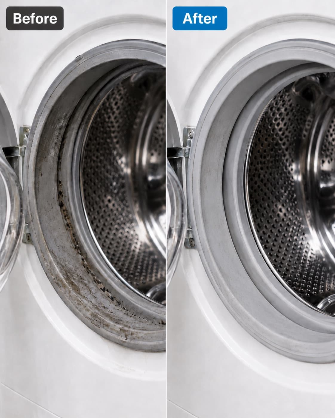 A front-load washer door gasket before and after Vent Pro NYC mold removal — black mold on the left, clean grey rubber on the right