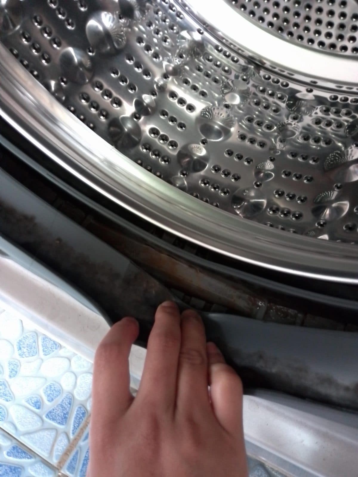 Lint, grime, and mildew packed into the channel between a front-load washer's drum and its door gasket